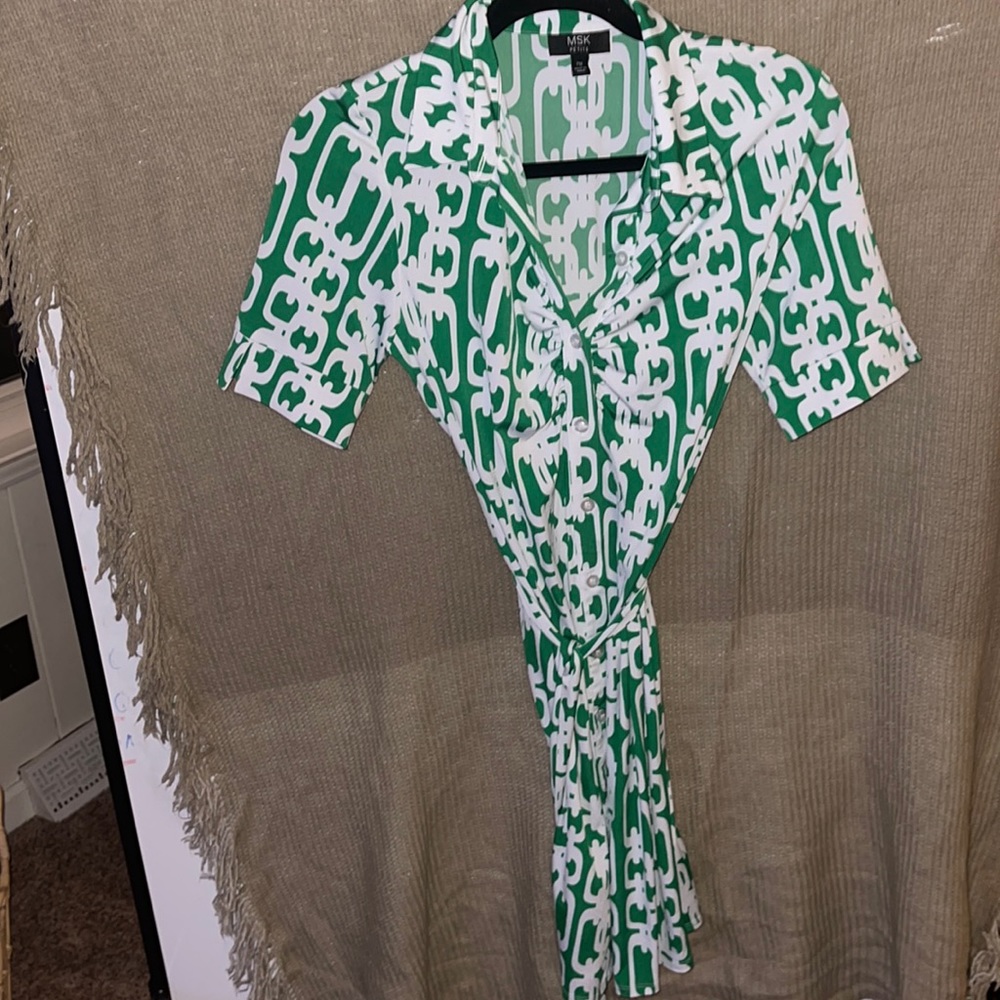 Green and White Button down Tie Dress - MSK